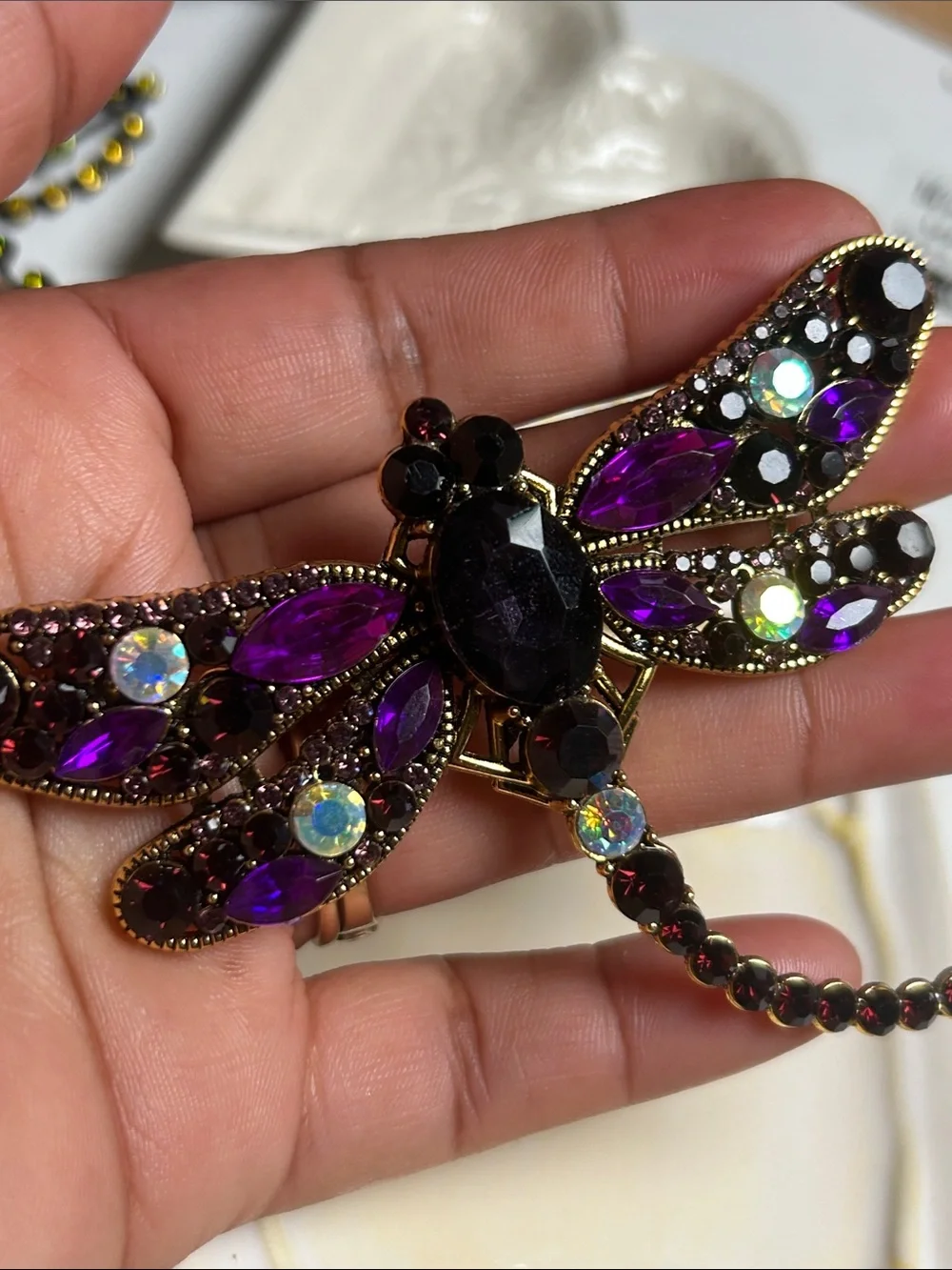 Jeweled Dragonfly Brooch with Purple and Iridescent Stones